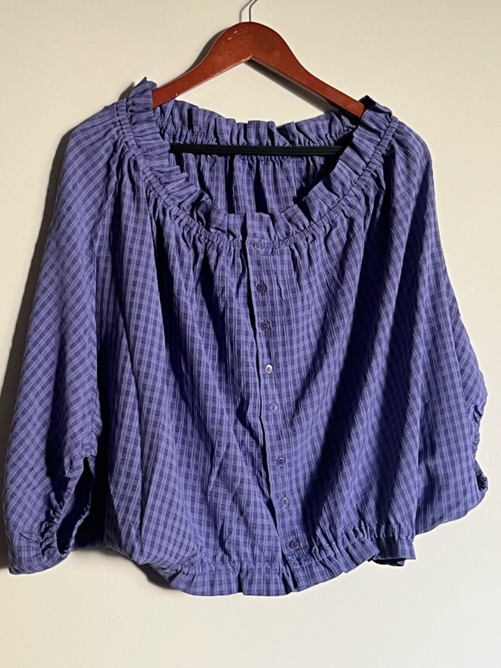 Anthropologie Lavender Plaid Ruffle-Neck Button Front Blouse - Picture 2 of 3